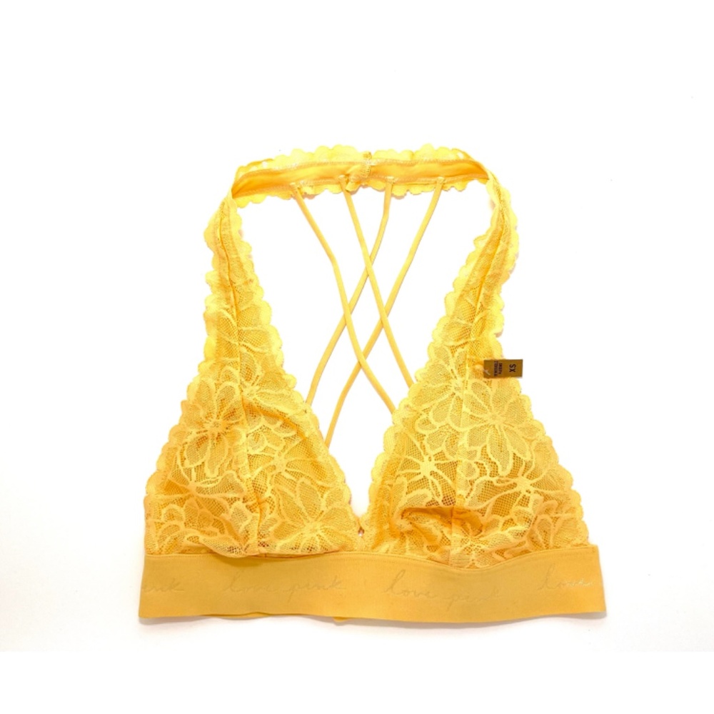 Victoria’s Secret PINK Honeycomb Yellow Lace Halter Bralette XS New With Tags
